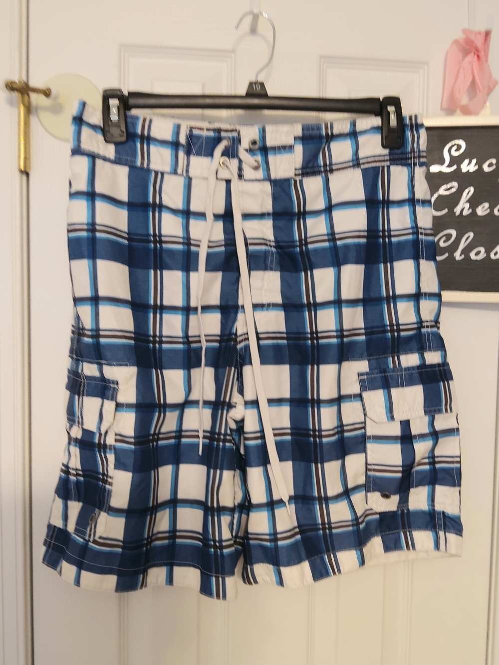 MERONAMen's Blue Plaid Cargo Swim Shorts - M